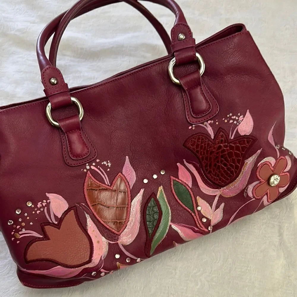 Gianfranco Sisti Floral Embellished Italian Leather Bag Purse Pocketbook